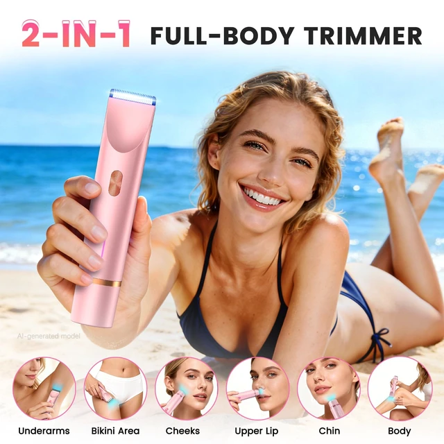 Alt view image 2 of 7 - Bikini Trimmer for Women, 2-in-1 Electric Razor & Bikini Shaver with Dual Ceramic Blades, Electric Shaver for Facial Hair Removal, IPX7 Waterproof Rechargeable Body Hair Razor for Sensitive Skin