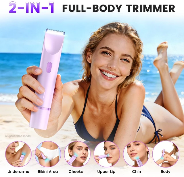 Alt view image 2 of 7 - Bikini Trimmer for Women, 2-in-1 Electric Razor & Bikini Shaver with Dual Ceramic Blades, Electric Shaver for Facial Hair Removal, IPX7 Waterproof Rechargeable Body Hair Razor for Sensitive Skin