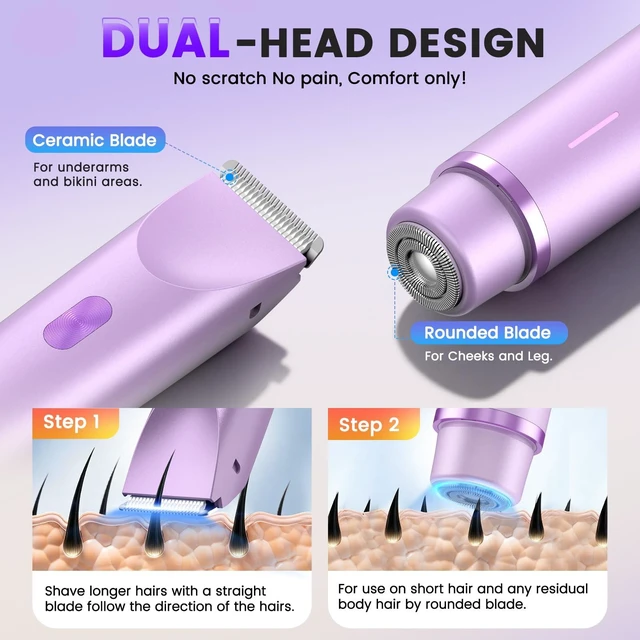 Alt view image 3 of 7 - Bikini Trimmer for Women, 2-in-1 Electric Razor & Bikini Shaver with Dual Ceramic Blades, Electric Shaver for Facial Hair Removal, IPX7 Waterproof Rechargeable Body Hair Razor for Sensitive Skin