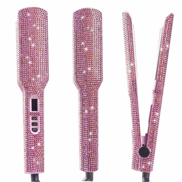 Alt view image 2 of 7 - Crystal Diamond Professional Hair Straightener, 2 Inch Titanium Flat Iron Bling Rhinestone Straightening Iron Curling 2 in 1, Salon High Heat 480 °F, Instant Heat Up, Dual Voltage, Rose Pink