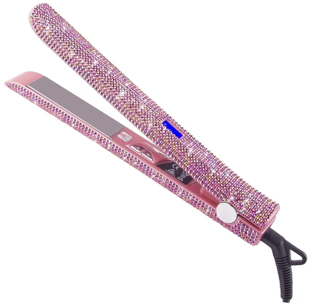 Main image of 480°F High Temp Hair Straightener and Curler, Titanium Flat Iron Rhinestone Straightening Iron, 2 in 1 Straightening Curling 1 Salon Professional Dual Voltage Crystal Bling Rose Pink