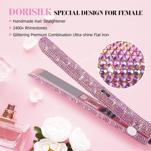 Alt view image 2 of 7 - 480°F High Temp Hair Straightener and Curler, Titanium Flat Iron Rhinestone Straightening Iron, 2 in 1 Straightening Curling 1 Salon Professional Dual Voltage Crystal Bling Rose Pink