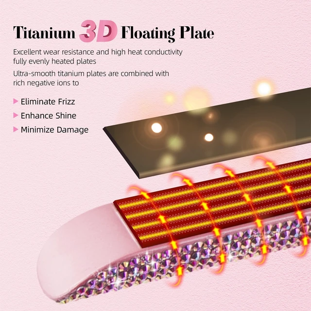 Alt view image 4 of 7 - 480°F High Temp Hair Straightener and Curler, Titanium Flat Iron Rhinestone Straightening Iron, 2 in 1 Straightening Curling 1 Salon Professional Dual Voltage Crystal Bling Rose Pink
