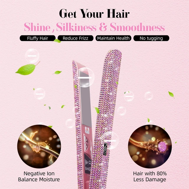 Alt view image 5 of 7 - 480°F High Temp Hair Straightener and Curler, Titanium Flat Iron Rhinestone Straightening Iron, 2 in 1 Straightening Curling 1 Salon Professional Dual Voltage Crystal Bling Rose Pink