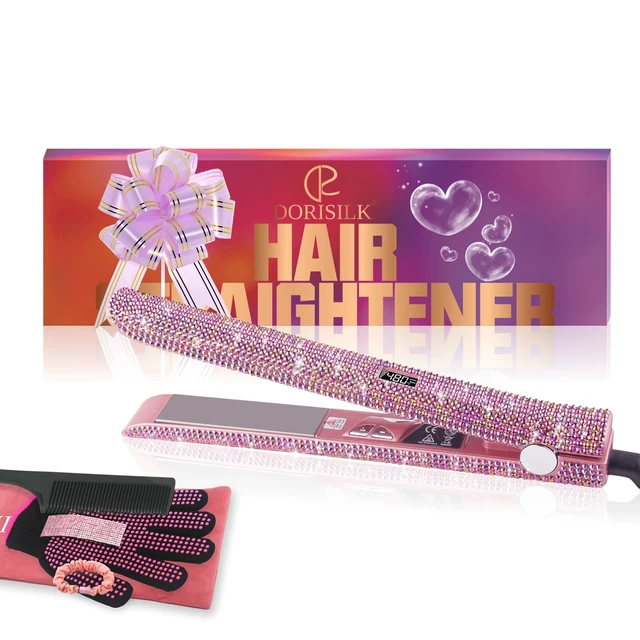 Alt view image 7 of 7 - 480°F High Temp Hair Straightener and Curler, Titanium Flat Iron Rhinestone Straightening Iron, 2 in 1 Straightening Curling 1 Salon Professional Dual Voltage Crystal Bling Rose Pink