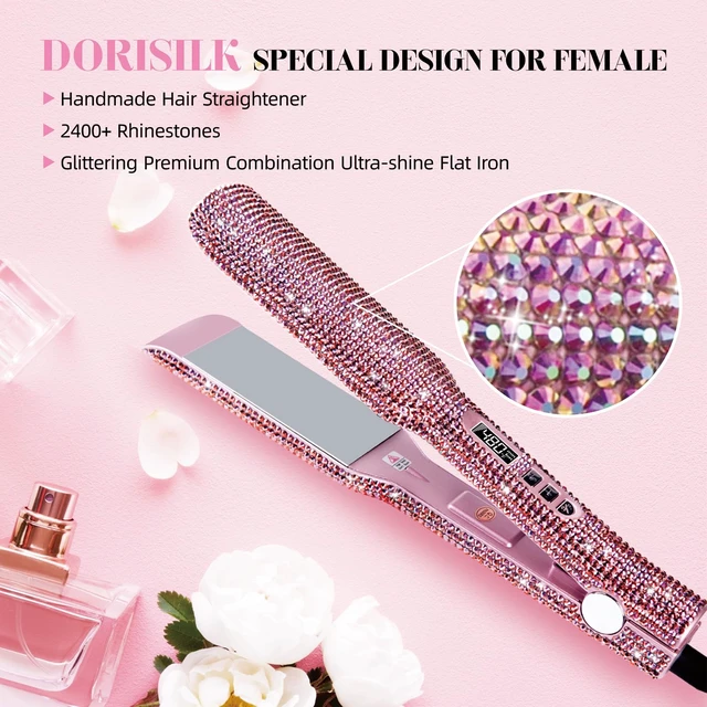 Alt view image 4 of 7 - Crystal Diamond Professional Hair Straightener, 2 Inch Titanium Flat Iron Bling Rhinestone Straightening Iron Curling 2 in 1, Salon High Heat 480 °F, Instant Heat Up, Dual Voltage, Rose Pink