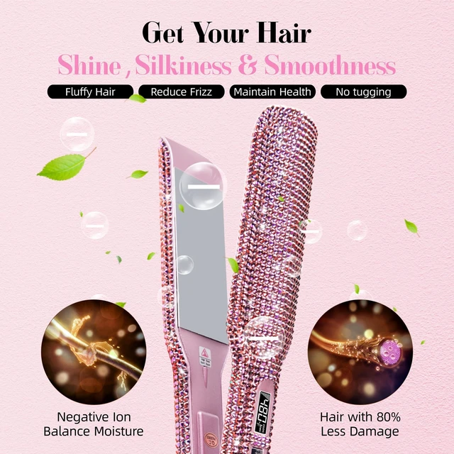 Alt view image 7 of 7 - Crystal Diamond Professional Hair Straightener, 2 Inch Titanium Flat Iron Bling Rhinestone Straightening Iron Curling 2 in 1, Salon High Heat 480 °F, Instant Heat Up, Dual Voltage, Rose Pink