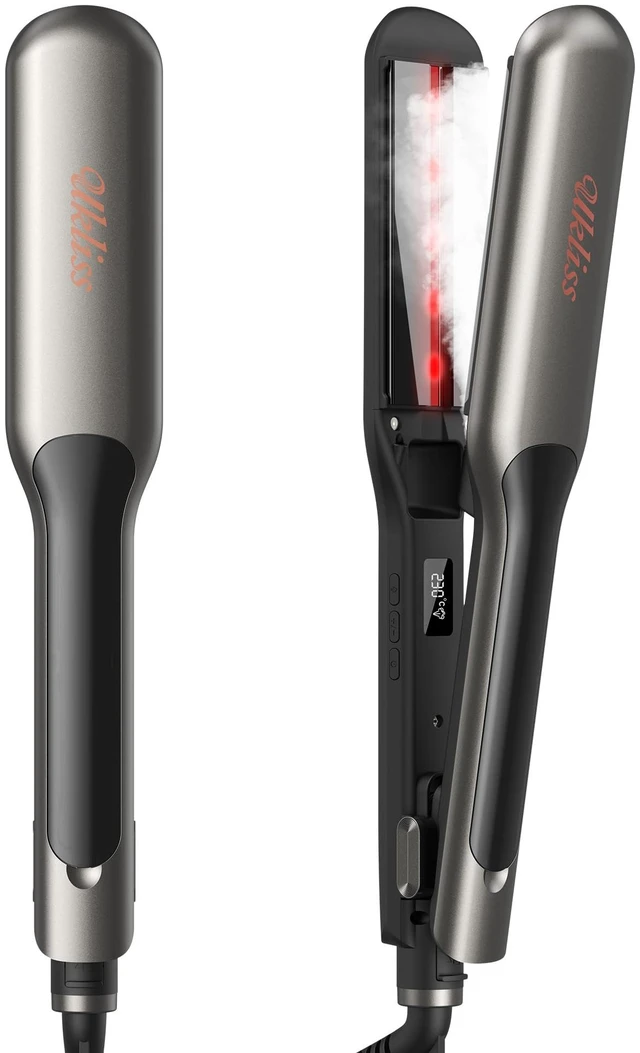 Main image of 2" Wide Hair Straightener Professional Steam Flat Iron | Ceramic Tourmaline Vapor Dual Voltage 2 in 1 Straightening Curling Iron LED Display with 5 Adjustable Temp