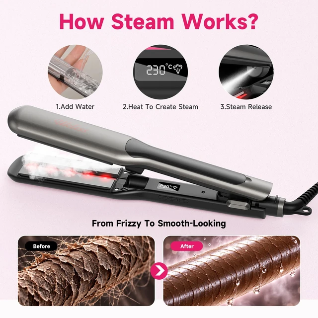 Alt view image 2 of 7 - 2" Wide Hair Straightener Professional Steam Flat Iron | Ceramic Tourmaline Vapor Dual Voltage 2 in 1 Straightening Curling Iron LED Display with 5 Adjustable Temp