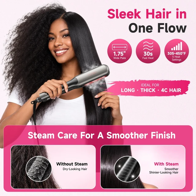 Alt view image 4 of 7 - 2" Wide Hair Straightener Professional Steam Flat Iron | Ceramic Tourmaline Vapor Dual Voltage 2 in 1 Straightening Curling Iron LED Display with 5 Adjustable Temp
