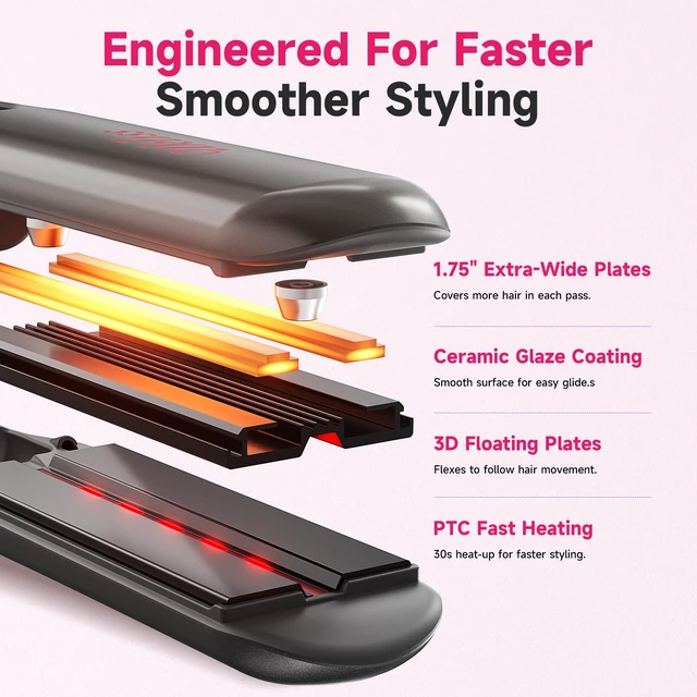 Alt view image 3 of 7 - 2" Wide Hair Straightener Professional Steam Flat Iron | Ceramic Tourmaline Vapor Dual Voltage 2 in 1 Straightening Curling Iron LED Display with 5 Adjustable Temp