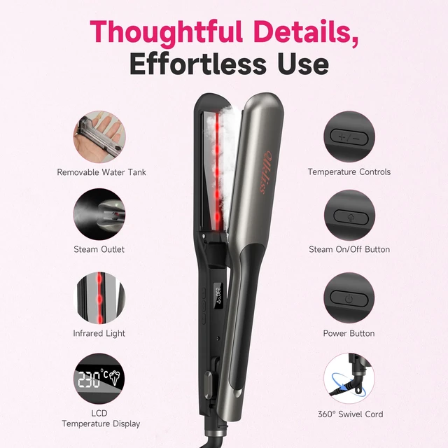 Alt view image 7 of 7 - 2" Wide Hair Straightener Professional Steam Flat Iron | Ceramic Tourmaline Vapor Dual Voltage 2 in 1 Straightening Curling Iron LED Display with 5 Adjustable Temp