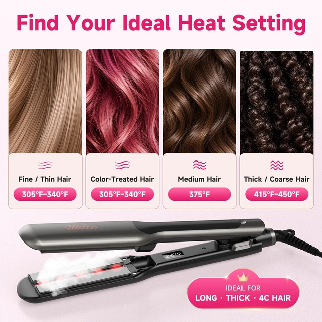 Alt view image 6 of 7 - 2" Wide Hair Straightener Professional Steam Flat Iron | Ceramic Tourmaline Vapor Dual Voltage 2 in 1 Straightening Curling Iron LED Display with 5 Adjustable Temp