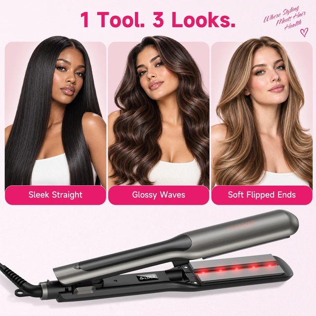 Alt view image 5 of 7 - 2" Wide Hair Straightener Professional Steam Flat Iron | Ceramic Tourmaline Vapor Dual Voltage 2 in 1 Straightening Curling Iron LED Display with 5 Adjustable Temp