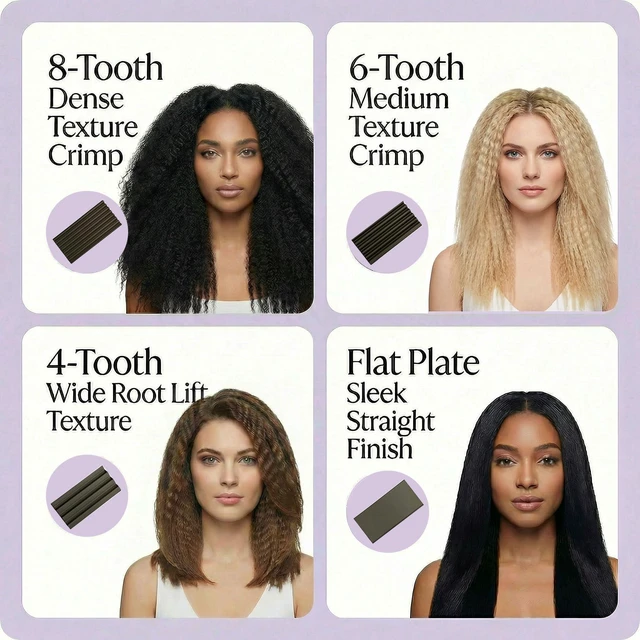 Alt view image 2 of 7 - 4-in-1 Hair Crimper for Women Crimping Iron for Hair with 8/6/4 Tooth Flat Interchangeable Plates, Titanium Ceramic Coated Tool for Root Lift, 80s Zigzag Texture, 5 Heat 140-220, Dual Voltage