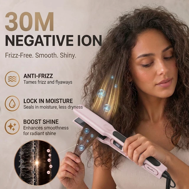 Alt view image 3 of 7 - 1 1/2 Inch Wide Plate Hair Straightener for Thick Hair, Ceramic Flat Iron for Faster Styling & Curling, Floating Plates for Smooth Frizz-Free Results, 15s Heat Up, Dual Voltage (Pink)