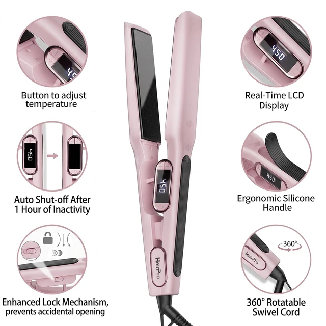 Alt view image 5 of 7 - 1 1/2 Inch Wide Plate Hair Straightener for Thick Hair, Ceramic Flat Iron for Faster Styling & Curling, Floating Plates for Smooth Frizz-Free Results, 15s Heat Up, Dual Voltage (Pink)