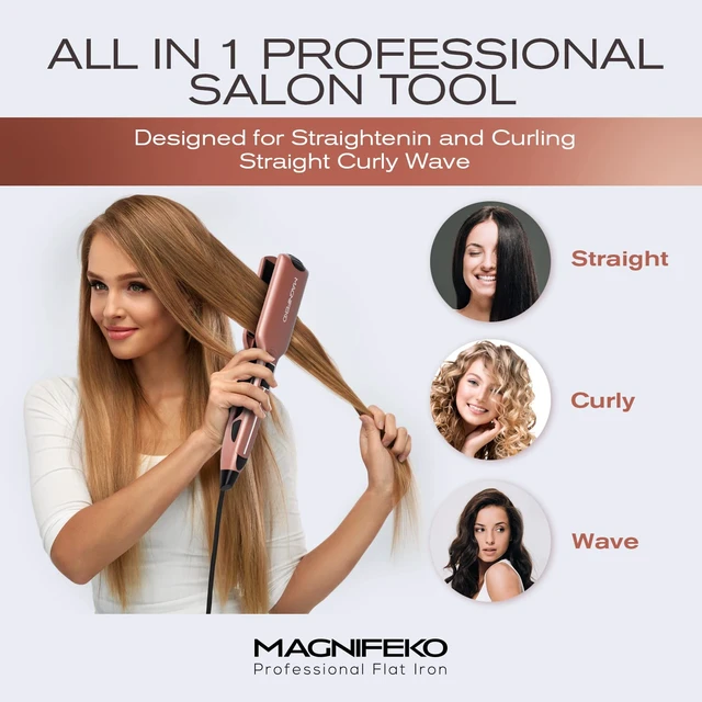 Alt view image 6 of 6 - Professional Flat Iron Hair Straightener Wide Plate & Digital Display - Dual Voltage Titanium Hair Straighteners (Rosegold)