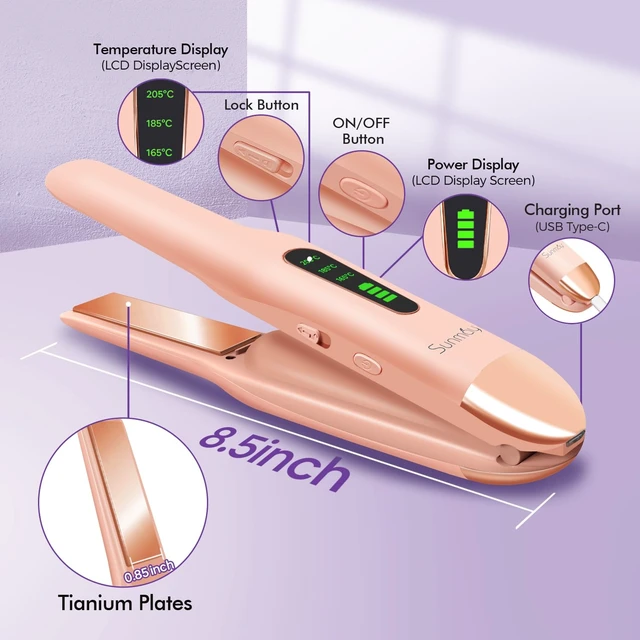 Alt view image 5 of 7 - Cordless Hair Straightener, Titanium Portable Straightener for Travel, Dual Voltage Cordless Flat Iron Hair Straightener 2 in 1 with Comb & Clip for Women, Heat-up in Seconds, USB-C Fast Charge
