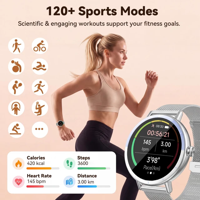 Alt view image 4 of 7 - Smart Watches for Women Android/iPhone, Fitness Tracker with Calling&Answer | IP68 Waterproof, 100+ Sport Modes, Step Counter, Sleep Tracker, AI Voice, Heart Rate & SpO2 Monitor, Two Changeable Bands
