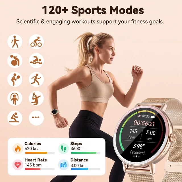 Alt view image 4 of 7 - Smart Watches for Women Android/iPhone, Fitness Tracker with Calling&Answer | 100+ Sport Modes, IP68 Waterproof, AI Voice, Heart Rate & SpO2 Monitor, Step Counter, Sleep Tracker, Two Changeable Bands