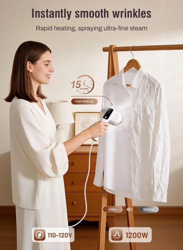 Alt view image 5 of 7 - 2026 Travel Steamer for Clothes, 2-in-1 Portable Steamer for Clothes, Handheld Garment Steamer and Iron, 1200W with LED Display, 15s Heat-Up, Ceramic Soleplate, Self-Cleaning, 120V