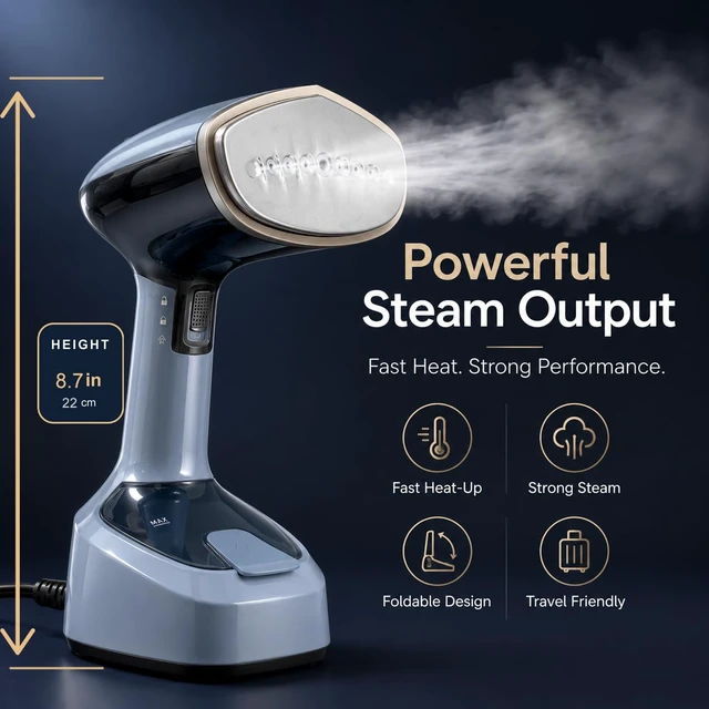 Alt view image 2 of 6 - Foldable Travel Steamer for Clothes, 1200W Fast Heat-Up, Blue | Folds flat for carry-ons, fast heat-up, leak-proof pivot head, for hotels, business trips, home use