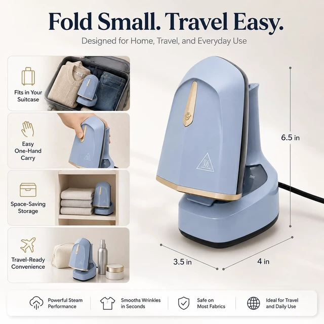 Alt view image 3 of 6 - Foldable Travel Steamer for Clothes, 1200W Fast Heat-Up, Blue | Folds flat for carry-ons, fast heat-up, leak-proof pivot head, for hotels, business trips, home use