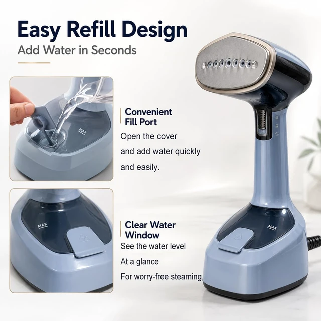 Alt view image 6 of 6 - Foldable Travel Steamer for Clothes, 1200W Fast Heat-Up, Blue | Folds flat for carry-ons, fast heat-up, leak-proof pivot head, for hotels, business trips, home use