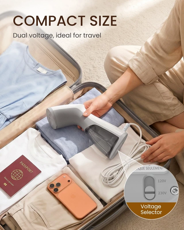 Alt view image 3 of 7 - Travel Steamer for Clothes, Portable and Handheld | Dual Voltage Garment Fabric Wrinkle Remover with Ceramic Heating Plate, Fast 30-second Heat-up