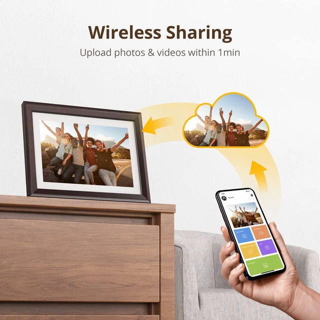 Alt view image 3 of 7 - Digital Picture Frame WiFi 10 inch IPS Touch Screen Digital Photo Frame Display, 32GB Storage, Auto-Rotate, Share Photos via App, Email, Cloud, Classic 10 Brown