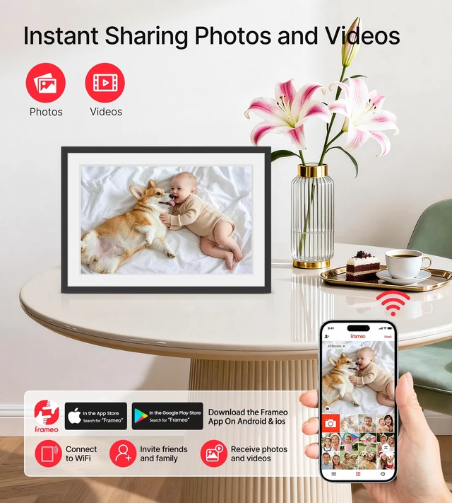 Alt view image 2 of 7 - Frameo Digital Picture Frame, 10.1'' Digital Photo Frame WiFi, 32GB Memory | 1280x800 IPS Touch Screen, Send Photos/Videos from Your Phone Anywhere, Photo Gifts for Parents and Grandparents