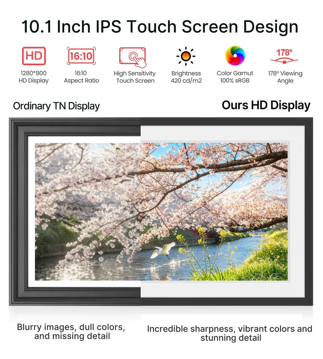 Alt view image 5 of 7 - Frameo Digital Picture Frame, 10.1'' Digital Photo Frame WiFi, 32GB Memory | 1280x800 IPS Touch Screen, Send Photos/Videos from Your Phone Anywhere, Photo Gifts for Parents and Grandparents