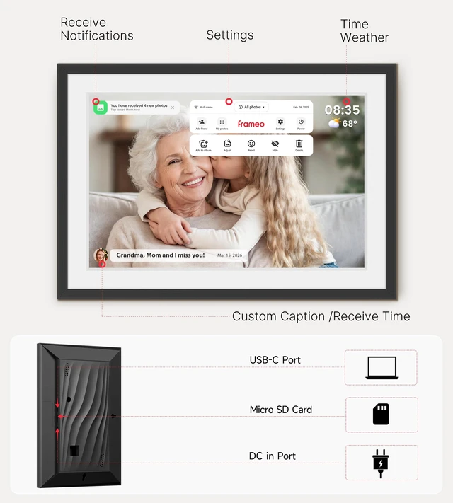Alt view image 7 of 7 - Frameo Digital Picture Frame, 10.1'' Digital Photo Frame WiFi, 32GB Memory | 1280x800 IPS Touch Screen, Send Photos/Videos from Your Phone Anywhere, Photo Gifts for Parents and Grandparents