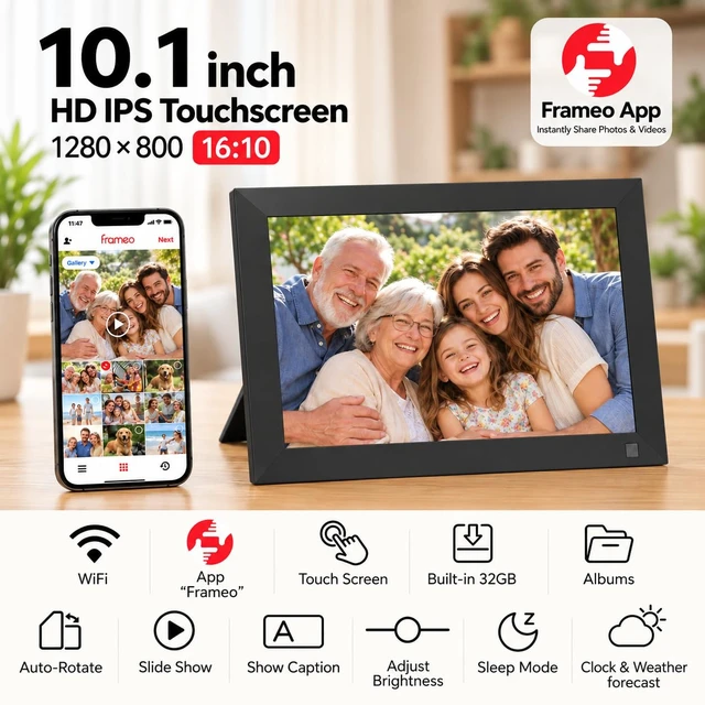 Alt view image 2 of 7 - 10.1 Inch WiFi Digital Picture Frame, Calendar | 32GB, Smart Digital Photo Frame with IPS Touch Screen, Motion Sensor, Auto-Rotate, Share Photos via Frameo App, Ideal Gift