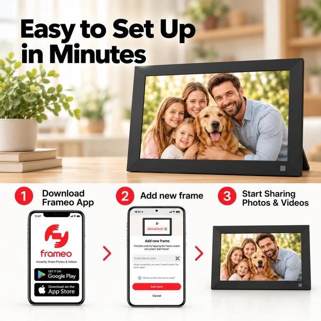 Alt view image 3 of 7 - 10.1 Inch WiFi Digital Picture Frame, Calendar | 32GB, Smart Digital Photo Frame with IPS Touch Screen, Motion Sensor, Auto-Rotate, Share Photos via Frameo App, Ideal Gift
