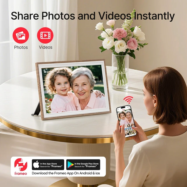 Alt view image 2 of 7 - Frameo 10.1" WiFi Digital Picture Frame, Electronic Photo Frames - 32GB | 1280x800 HD IPS Touch Screen, Slideshow, Tabletop/Wall, Send Photos/Videos from Phone, Gifts for Grandparents - Brown & White