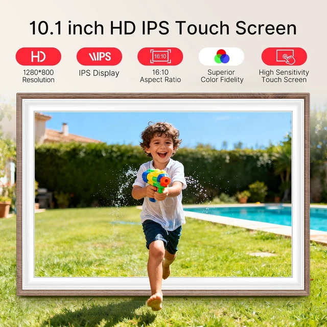 Alt view image 4 of 7 - Frameo 10.1" WiFi Digital Picture Frame, Electronic Photo Frames - 32GB | 1280x800 HD IPS Touch Screen, Slideshow, Tabletop/Wall, Send Photos/Videos from Phone, Gifts for Grandparents - Brown & White