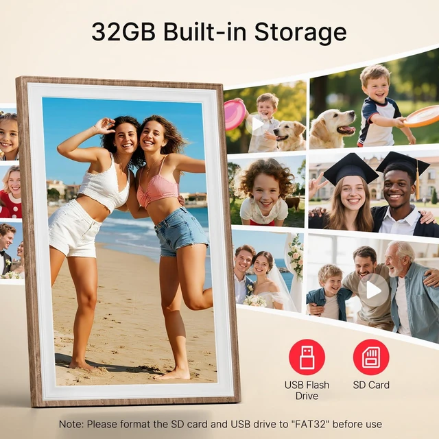 Alt view image 3 of 7 - Frameo 10.1" WiFi Digital Picture Frame, Electronic Photo Frames - 32GB | 1280x800 HD IPS Touch Screen, Slideshow, Tabletop/Wall, Send Photos/Videos from Phone, Gifts for Grandparents - Brown & White