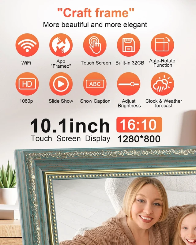 Alt view image 3 of 7 - Frameo Digital Frame 10.1 Inch WiFi Digital Photo Frame with 32GB Storage, 1280x800 HD IPS Touch Screen Picture Frames Slideshow, Long Distance Realationship Gifts, Elderly Tech-Midnight Blue