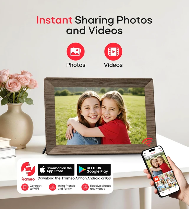 Alt view image 2 of 7 - Frameo 10.1" Digital Picture Frame, 32GB Memory WiFi Electronic Photo Frame 1280 x 800 IPS Touch Screen Share Monents Instantly Anywhere Best Gift for Dad Mom Family Friend Christmas Dark Walnut Wood