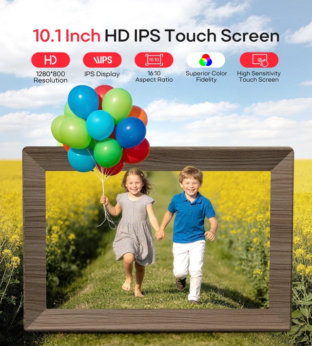 Alt view image 4 of 7 - Frameo 10.1" Digital Picture Frame, 32GB Memory WiFi Electronic Photo Frame 1280 x 800 IPS Touch Screen Share Monents Instantly Anywhere Best Gift for Dad Mom Family Friend Christmas Dark Walnut Wood
