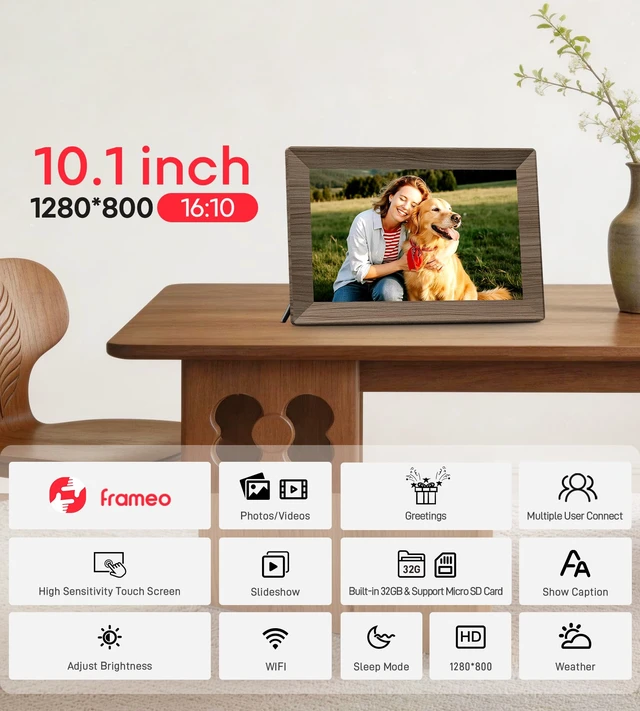 Alt view image 6 of 7 - Frameo 10.1" Digital Picture Frame, 32GB Memory WiFi Electronic Photo Frame 1280 x 800 IPS Touch Screen Share Monents Instantly Anywhere Best Gift for Dad Mom Family Friend Christmas Dark Walnut Wood