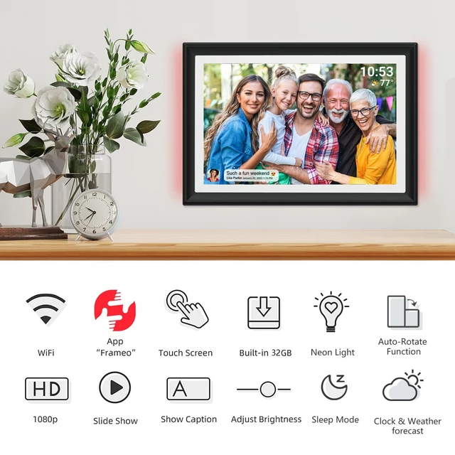 Alt view image 2 of 7 - 32GB FRAMEO 10.1 Inch WiFi Digital Photo Frame, 1280x800 HD IPS LCD Touch Screen, Auto-Rotate Portrait and Landscape, 32GB Storage, Share Moments Instantly via Frameo App from Anywhere