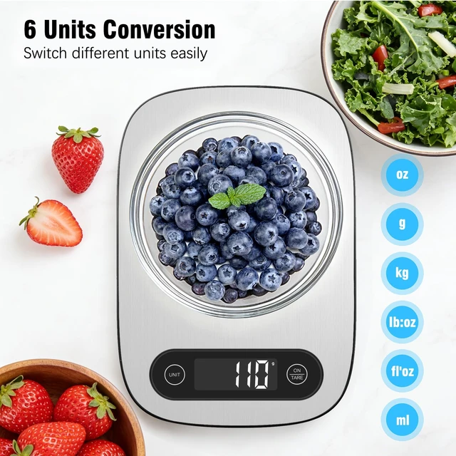 Alt view image 3 of 7 - Food Scale, 11lb Kitchen Scale with 6 Units Tare Function & Backlit LCD, Precise 1g Stainless Steel Digital Scale, Hanging Design for Baking, Cooking, Healthy Eating and Meal PrepBatteries Included