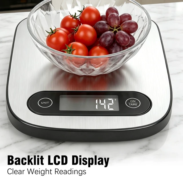 Alt view image 6 of 7 - Food Scale, 11lb Kitchen Scale with 6 Units Tare Function & Backlit LCD, Precise 1g Stainless Steel Digital Scale, Hanging Design for Baking, Cooking, Healthy Eating and Meal PrepBatteries Included