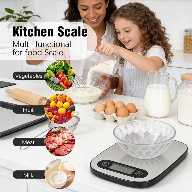 Alt view image 4 of 7 - Food Scale, 11lb Kitchen Scale with 6 Units Tare Function & Backlit LCD, Precise 1g Stainless Steel Digital Scale, Hanging Design for Baking, Cooking, Healthy Eating and Meal PrepBatteries Included