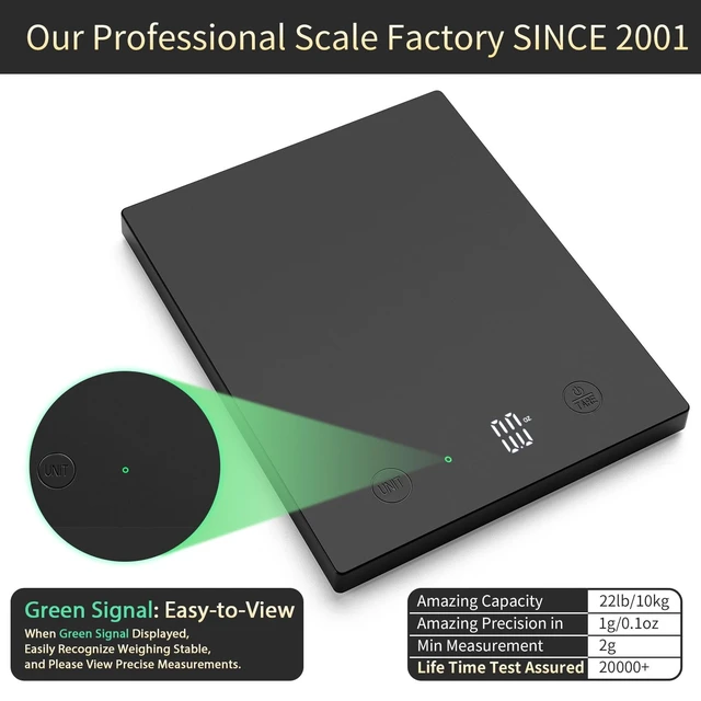 Alt view image 2 of 7 - 22lb Digital Food Scale Precision 0.1oz/1g, Kitchen Scale Big LED | Professional Factory Since 2001 Baking Scales Weight Grams and Ounces for Cooking & Coffee, Tare, 3*AAA Included, Black