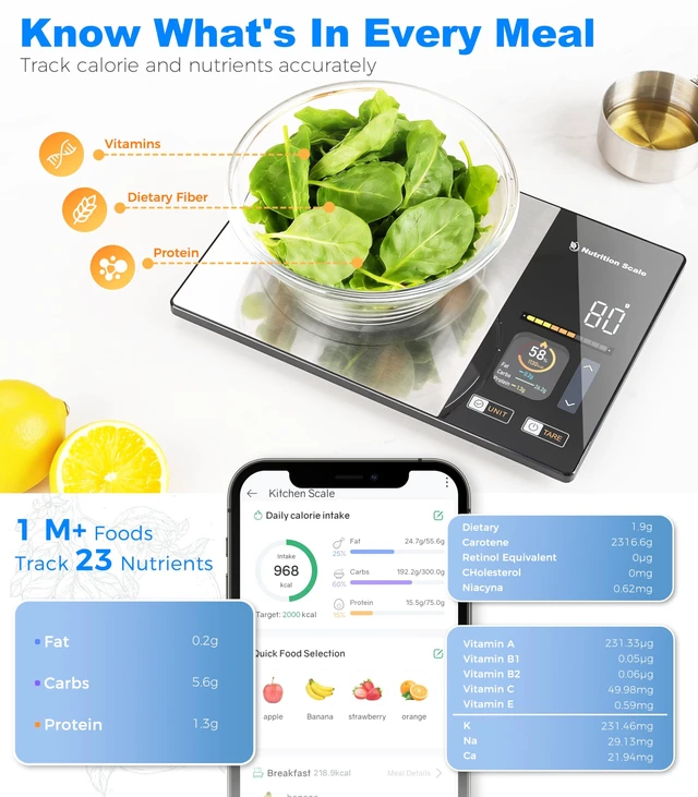 Alt view image 3 of 7 - Smart Food Scale with Nutritional Calculator, 11lb Nutrition Scale | 1g Precision, Free App for Scan & Nutrients Tracking, Food Preload, Color Display, 5 Units, Stainless Steel, for Weight Loss
