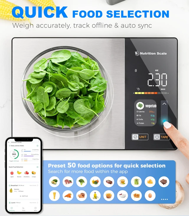 Alt view image 4 of 7 - Smart Food Scale with Nutritional Calculator, 11lb Nutrition Scale | 1g Precision, Free App for Scan & Nutrients Tracking, Food Preload, Color Display, 5 Units, Stainless Steel, for Weight Loss